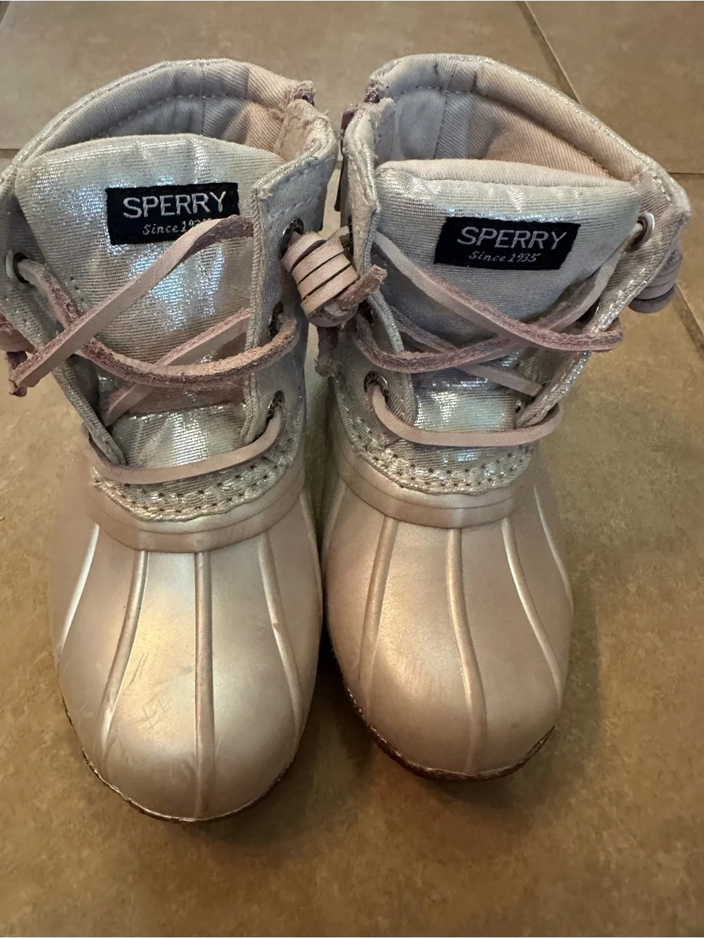 Sperry Girls Metallic Silver Duck Boots Lace Up Rain Winter Boots
